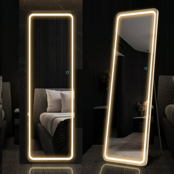 LVSOMT 63"x20" Full Length Mirror with LED Lights, Free Standing Full Body Mirror, Floor Mirror, Wall Mounted/Door Hanging Mirror for Bedroom, White