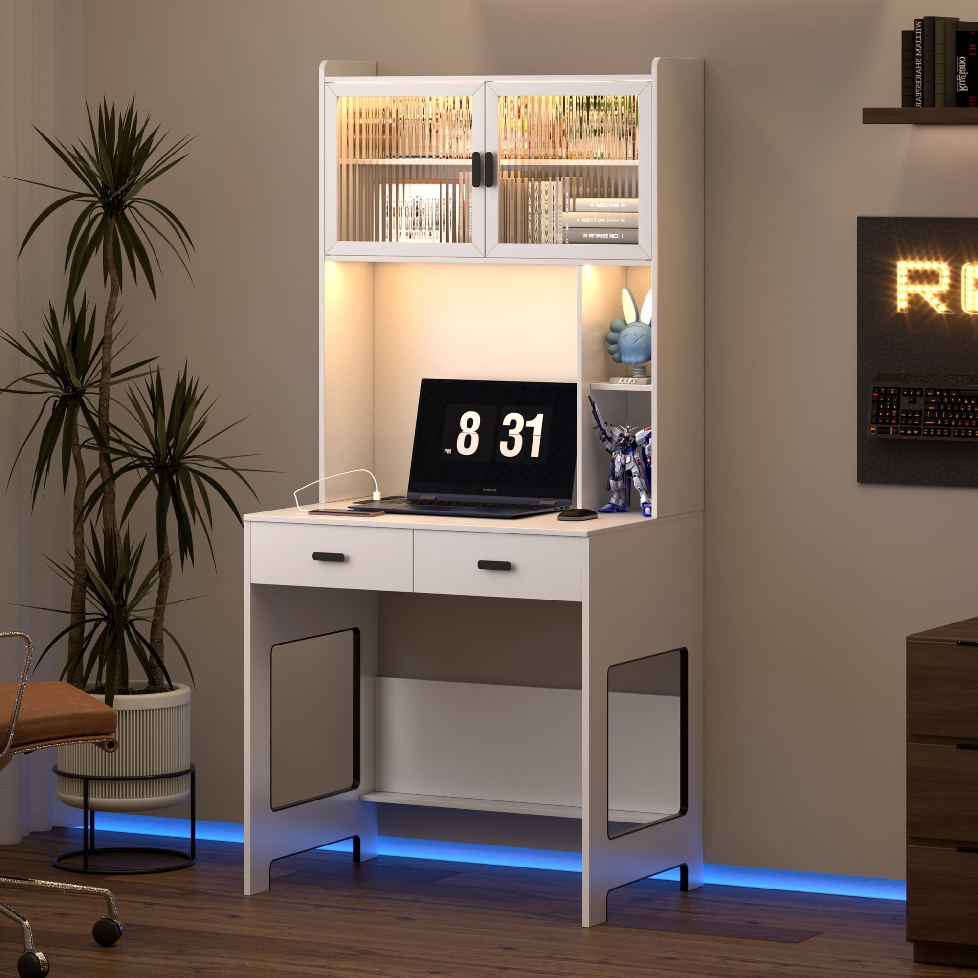 LVSOMT 68" Tall Home Office Desk with Hutch, Modern Computer Gaming