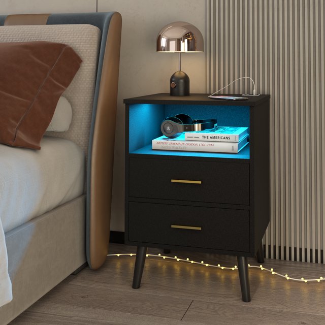 LVSOMT Black Nightstand with Charging Station and USB Ports, LED Night