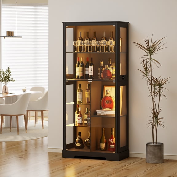 LVSOMT Display Cabinet with Glass Doors,70.8'' Tall Curio Cabinet with Adjustable Shelves,Human Sensor LED Lighting Glass Cabinets,Black