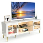 LVSOMT Entertainment Center White with 3 Color LED Lights, Modern TV Stand for 65+ inch TV, TV & Media Furniture with Storage, Media Table for Living Room, Pearl White
