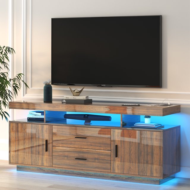 LVSOMT High Gloss Entertainment Center with Wireless Charging, LED