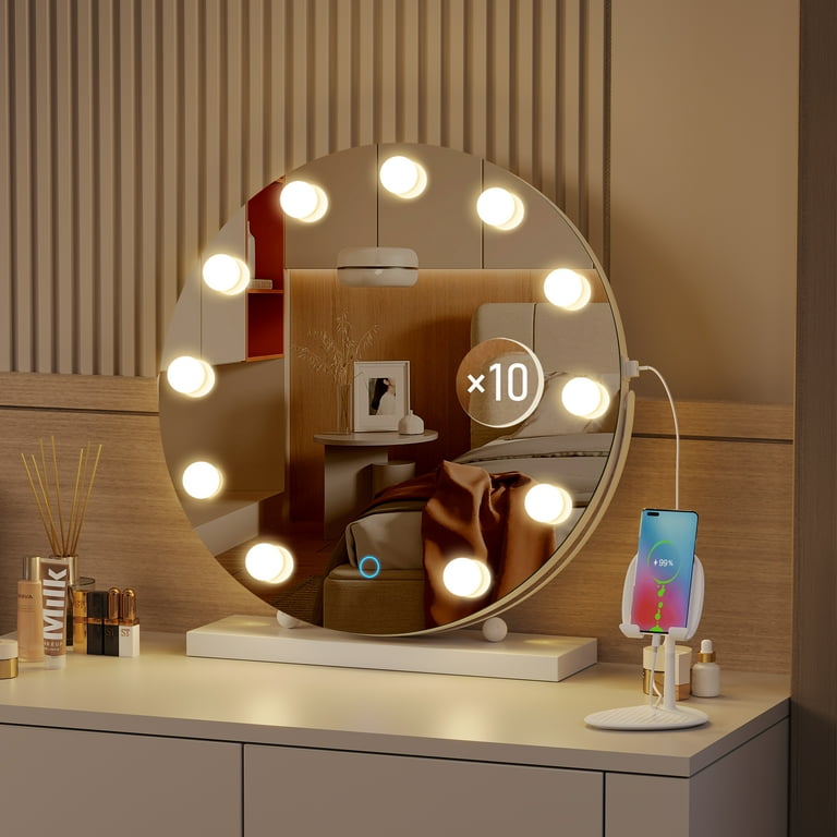 LVSOMT Hollywood Vanity Makeup Mirror with Lights, 5X Magnification, 3  Color Lighting Dimmable LED Mirror, 360° Rotation, USB Port, Large Round  Lighted Up Mirror for Bedroom Table Desk，White 