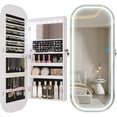 thumbnail image 1 of LVSOMT LED Mirror Jewelry Cabinet, Rounded Hanging Jewelry Armoire Organizer with Lighted Mirror, Wall Mount/Over the Door Full Length Mirror with Storage, Foldable Shelf, Lockable, White, 1 of 11