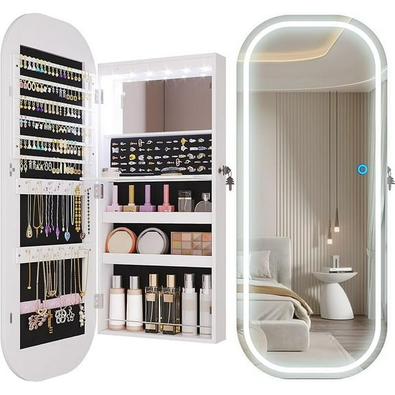 LVSOMT LED Mirror Jewelry Cabinet, Rounded Hanging Jewelry Armoire Organizer with Lighted Mirror, Wall Mount/Over the Door Full Length Mirror with Storage, Foldable Shelf, Lockable, White
