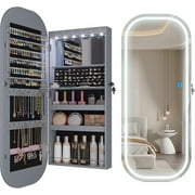 LVSOMT LED Mirror Jewelry Cabinet, Rounded Hanging Jewelry Armoire Organizer with Lighted Mirror, Wall Mount/Over the Door Full Length Mirror with Storage, Foldable Shelf, Lockable, White