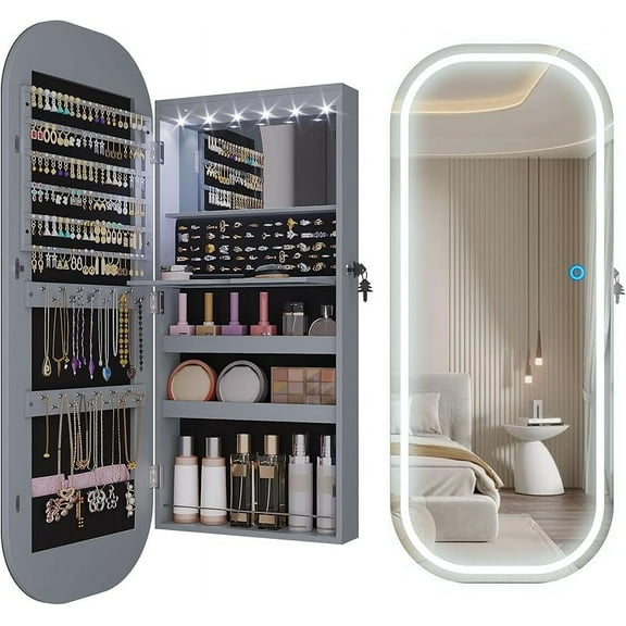 LVSOMT LED Mirror Jewelry Cabinet, Rounded Hanging Jewelry Armoire Organizer with Lighted Mirror, Wall Mount/Over the Door Full Length Mirror with Storage, Foldable Shelf, Lockable, White