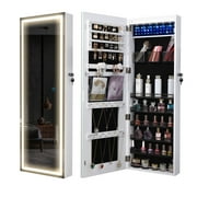 LVSOMT LED Mirror Jewelry Cabinet, Wall Mount Jewelry Organizer Armoire, Full Length Mirror with Jewelry Storage, White