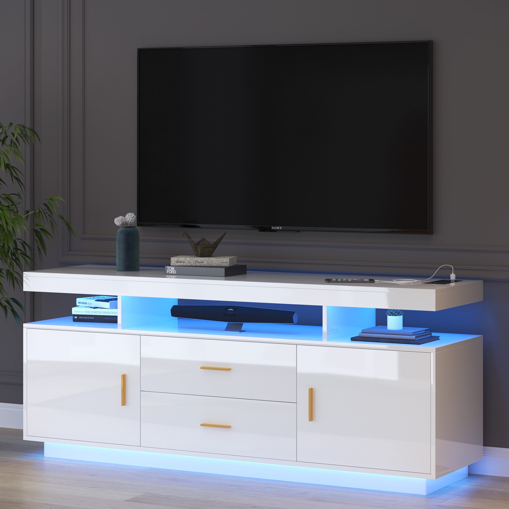 LVSOMT LED Modern TV Stand for 65+ inch TV, High Gloss White Entertainment Center with Wireless