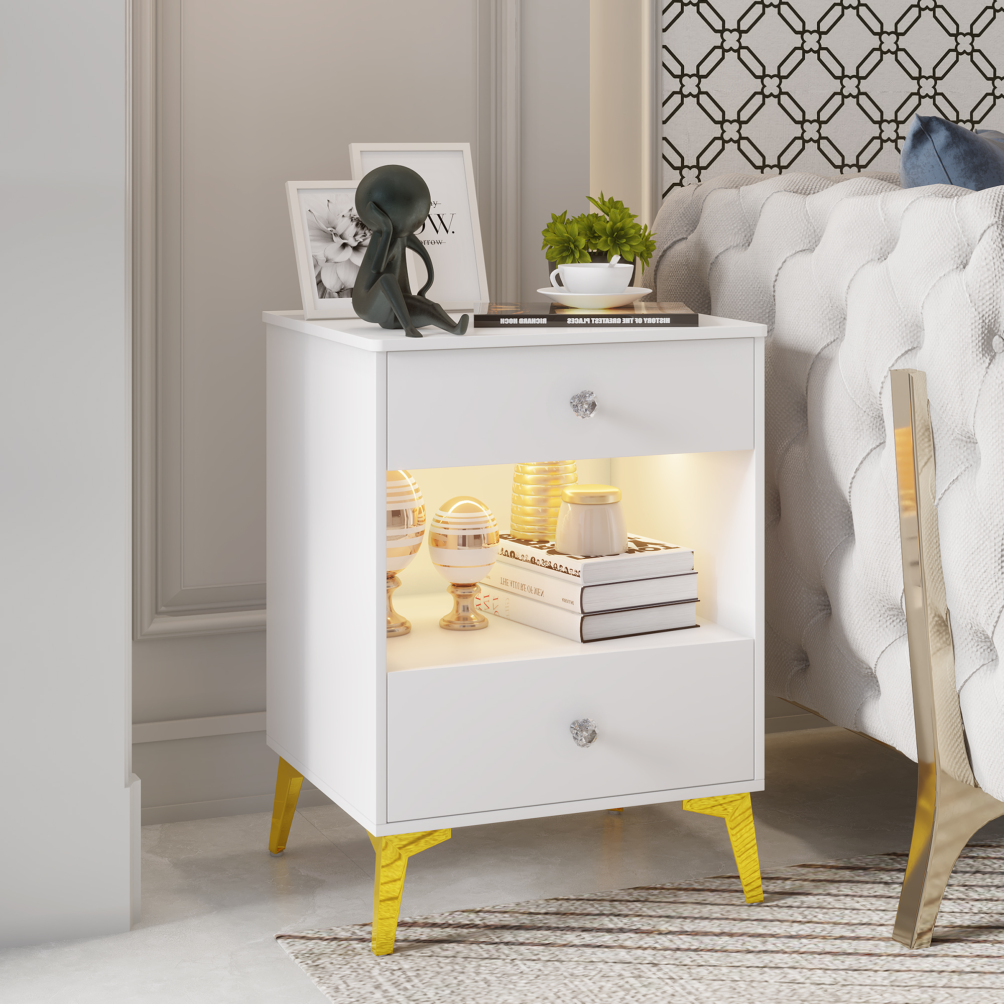 LVSOMT LED Nightstand with Charging Station, USB Port & Socket, Smart