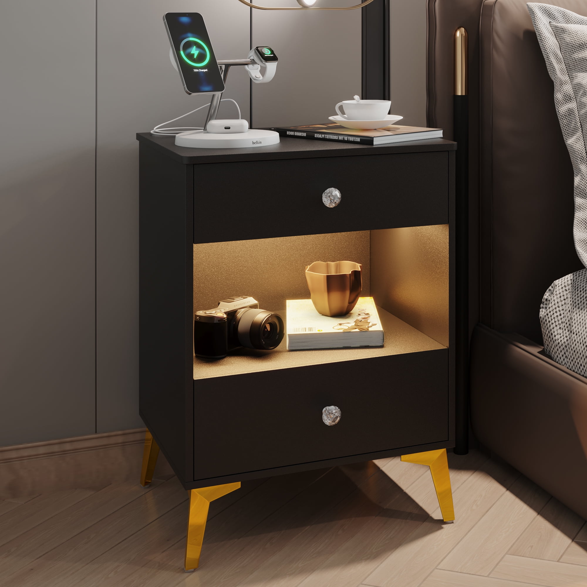 LVSOMT LED Nightstand with Charging Station, USB Port & Socket, Smart