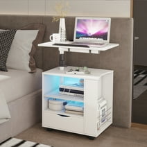 LVSOMT LED Nightstand with Charging Station, Bedroom Bedside Table with 2 Drawers, Wooden End Side Table with 360° Laptop Tray, White