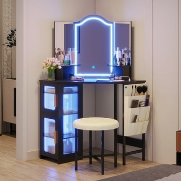 LVSOMT Makeup Vanity Desk with 3 Lighting Options, Dressing Table with Charging Station, Vanity Set with 4 Cabinets, Shelves and Stool, Corner Vanity for Women Girls, Black