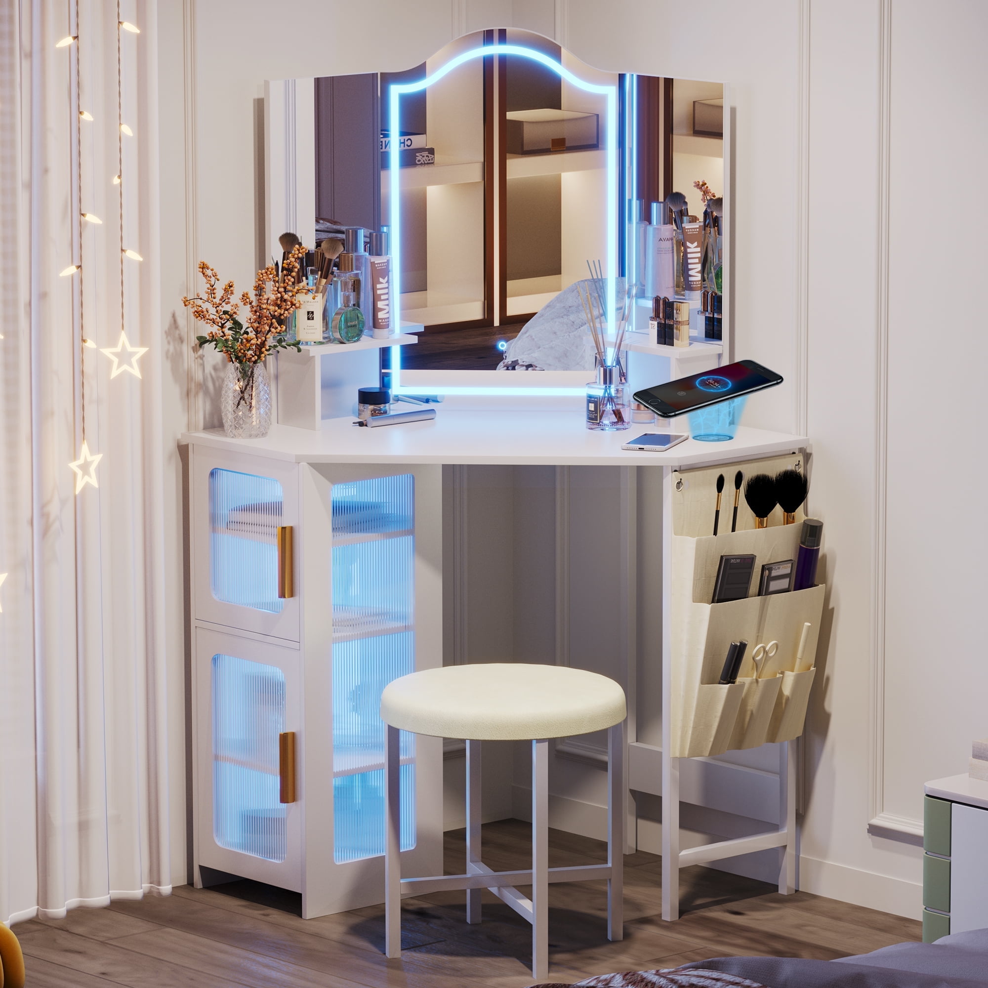 LVSOMT Makeup Vanity Desk with 3 Lighting Options, Dressing Table with Charging Station, Vanity Set with 4 Cabinets, Shelves and Stool, Corner Vanity for Women Girls, White