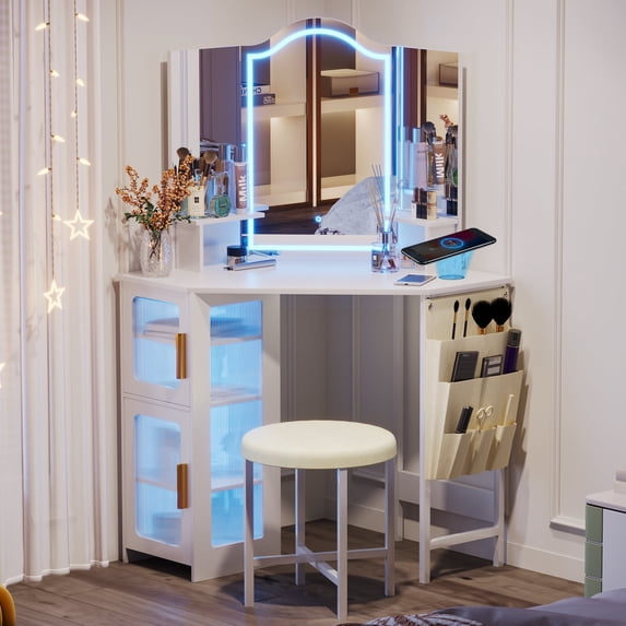 LVSOMT Makeup Vanity Desk with 3 Lighting Options, Dressing Table with Charging Station, Vanity Set with 4 Cabinets, Shelves and Stool, Corner Vanity for Women Girls, White