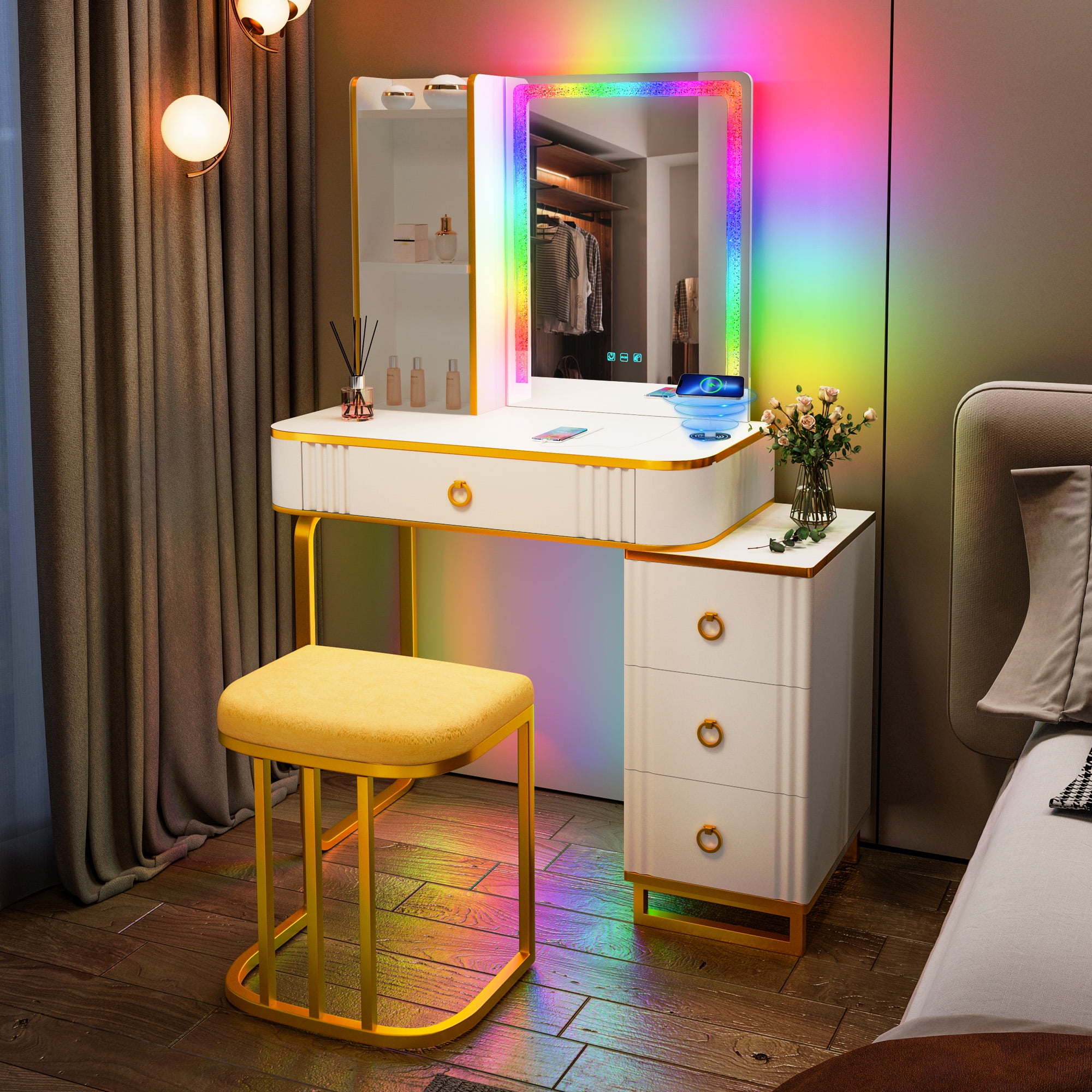 RoomSmart Pearl Corner Makeup Vanity with Storage and LED Lights, Size: 1-Drawer, Brown