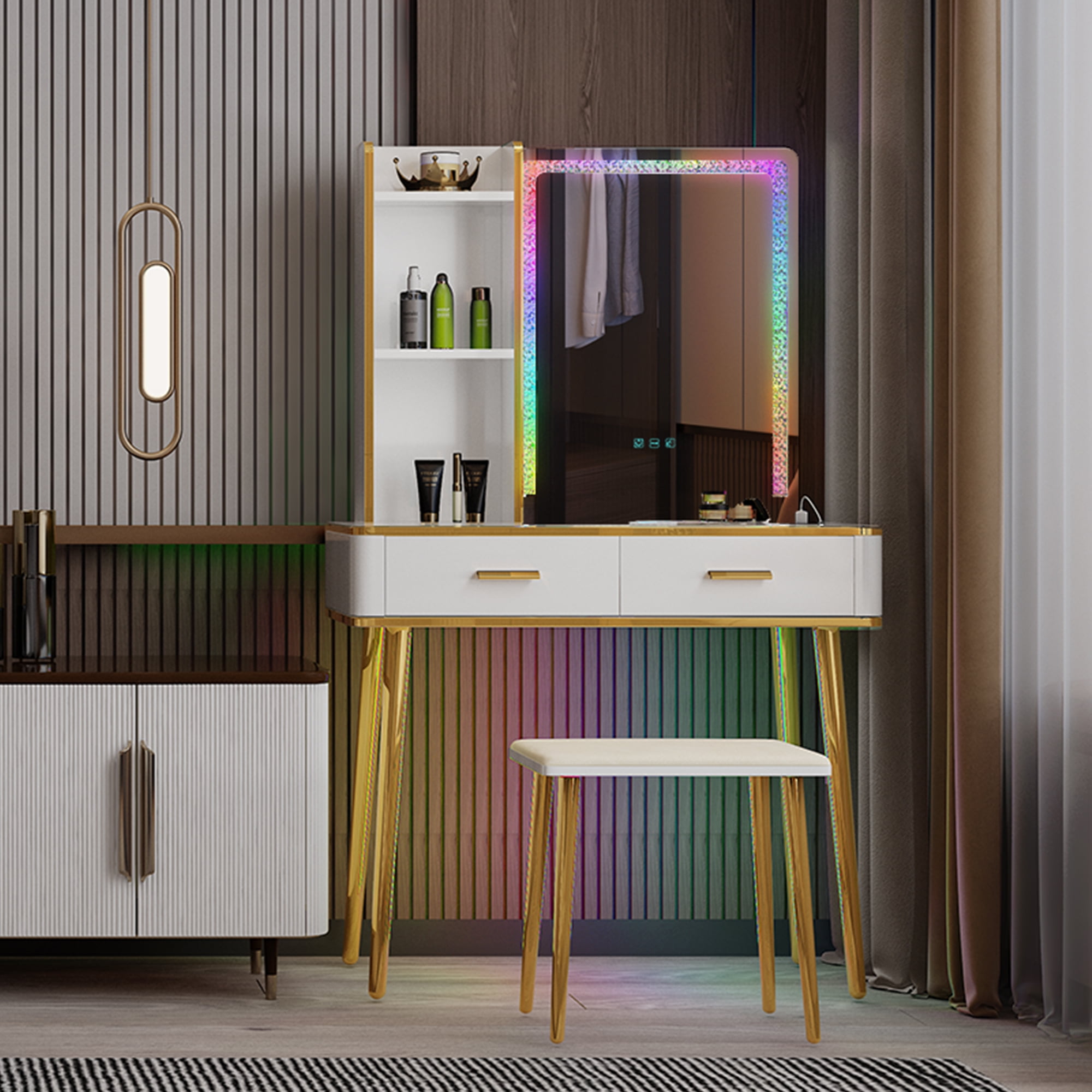 LVSOMT Makeup Vanity Desk Set with Charging Station and RGB Lights
