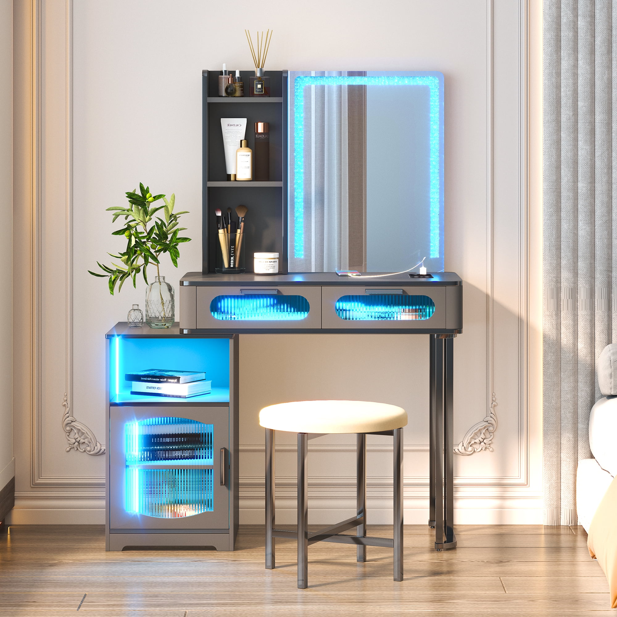 LVSOMT Makeup Vanity Desk Set with Mirror and Lights, LED Makeup Vanity