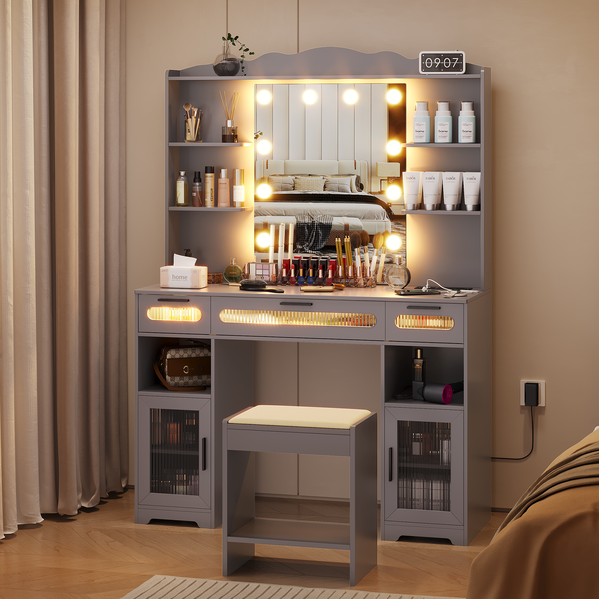 LVSOMT Makeup Vanity Table Set with Mirror and LED Lights, Power Strip