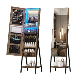 LVSOMT Lockable Jewelry Armoire with 360 Swivel Full Length Mirror LED Lights Floor Storage White Walmart