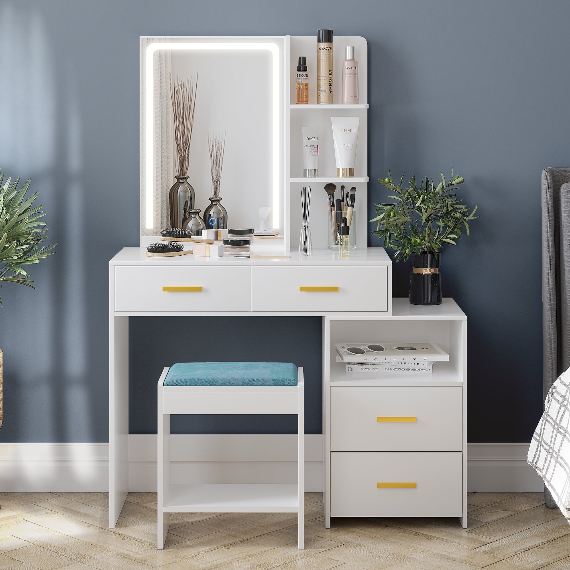 LVSOMT Vanity Desk Set with Rectangle Lighted Mirror, Makeup Vanity