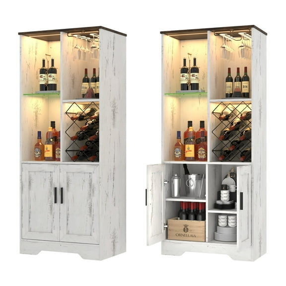 LVSOMT Wine Bar Cabinet with Wine Rack, Bar Display Cupboard with LED Lights, Wooden Wine Storage Cabinet with Open Adjustable Storage Shelves, Tall Liquor Cabniet for Living/Dining Room, White