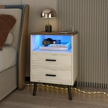 LVSOMT Wood White Nightstand with Wireless Charging Station and USB Ports, LED Night Stands with 2 Drawers