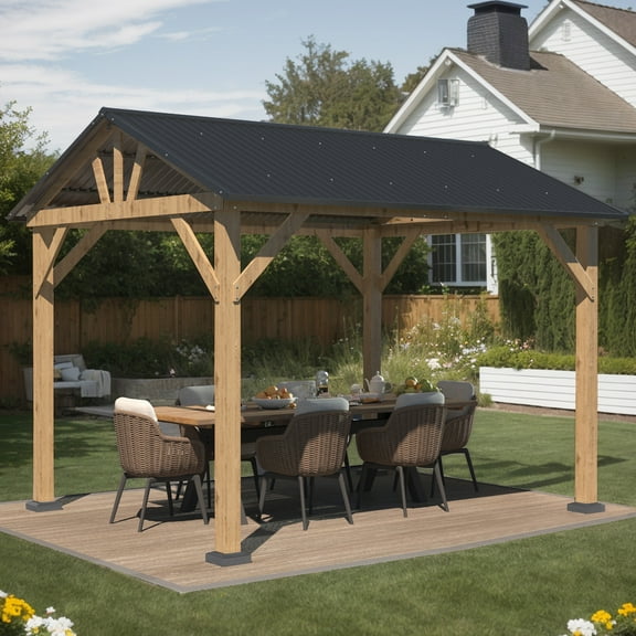 LVUYOYO 10’x12’ Outdoor Wooden Gazebo, Spruce Wood Gazebo with Galvanized Steel Roof, Patio Gazebo for Backyard Lawn and Garden