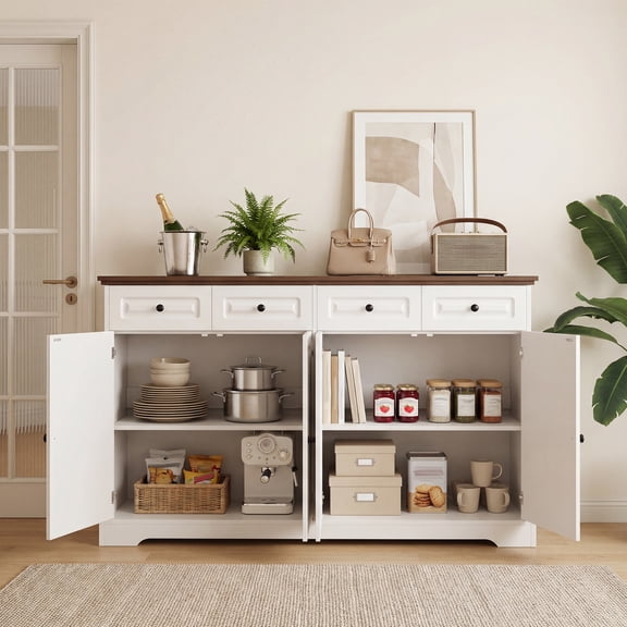 LVUYOYO 59" Sideboard Buffet Cabinet with Drawers and Doors, Long Coffee Bar Storage Cabinet with Shelves for Kitchen, Living Room
