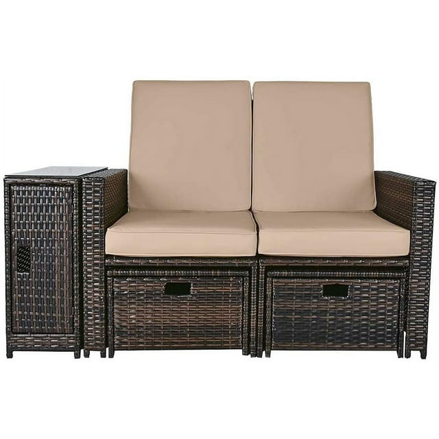 LVUYOYO 5pcs Patio Wicker Loveseat - Outdoor Rattan Sofa Set with Cushion - Wicker Furniture for Garden