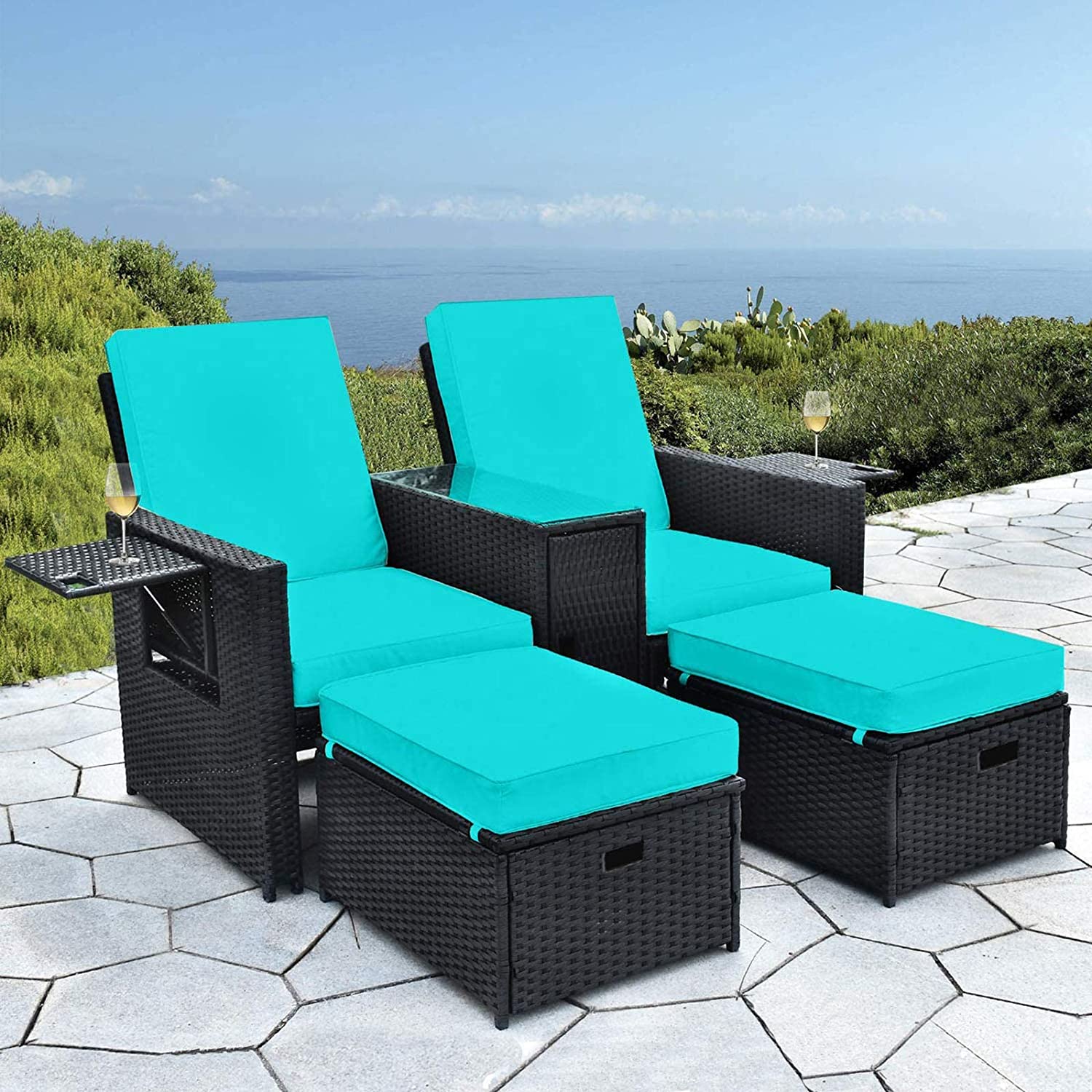 LVUYOYO 5pcs Patio Wicker Loveseat - Outdoor Rattan Sofa Set with Cushion - Adjustable Lounge Chair with Ottoman Footrest, Wicker Furniture for Garden, Patio, Balcony, Beach, Coffee Bar, Deck - image 1 of 8