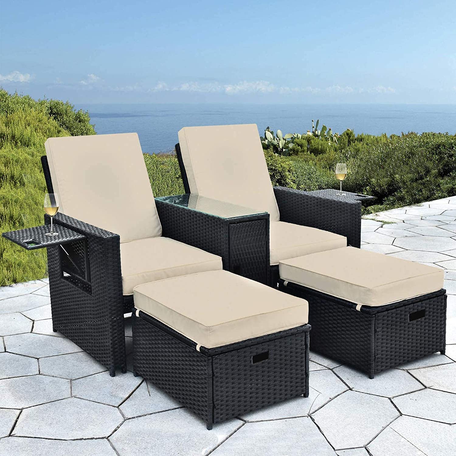LVUYOYO 5pcs Patio Wicker Loveseat - Outdoor Rattan Sofa Set with Cushion and Ottoman Footrestfor Garden - image 1 of 9