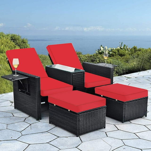 LVUYOYO 5pcs Patio Wicker Loveseat - Outdoor Rattan Sofa Set with Cushion and  Ottoman Footrest, Wicker Furniture for Garden