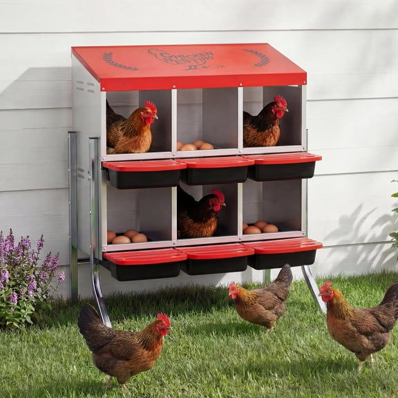 LVUYOYO  6-Hole Metal Chicken Nesting Box – Rustproof with Roll-Away Tray & Bracket Legs, Easy Egg Collection, Red