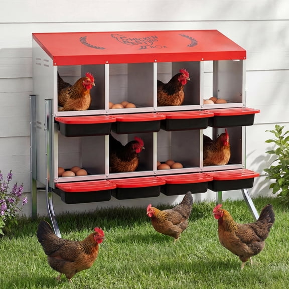 LVUYOYO 8-Hole Metal Chicken Nesting Box – Rustproof with Roll-Away Tray & Bracket Legs, Easy Egg Collection, Red