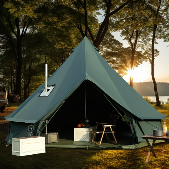 LVUYOYO Bell Tent for Camping, Cotton Canvas Bell Tent with Stove Jack, Outdoor Canvas Bell Tent for Family Glamping Camping, 4 Season Tent with Zipped Removable Floor,5M,Green