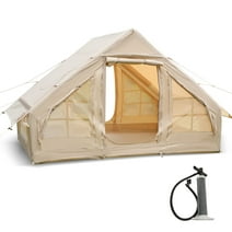 LVUYOYO Inflatable Camping Tent with Pump, 4-5 Person Inflatable House Tent, Camping Tent Easy Setup 4 Season Waterproof Windproof Outdoor Cotton Tent with Mesh Windows & Doors