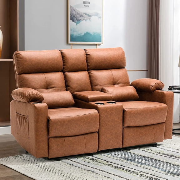 LVUYOYO Living Room Center Console Power Reclining Loveseat with Massage Function and Storage, Brown