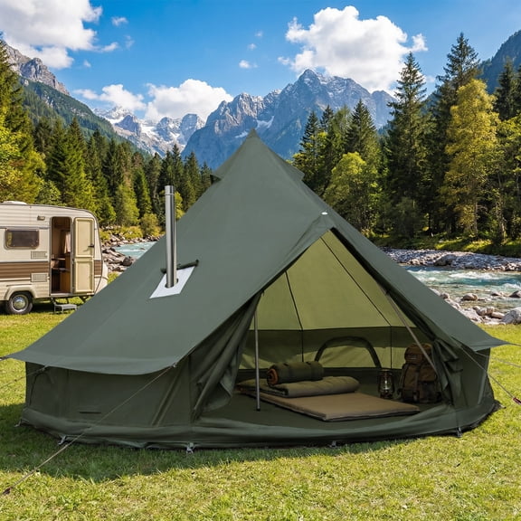 LVUYOYO Luxury Oxford Fabric Bell Tent, Yurt Canvas Tent with Stove Jack, 8 Person Family 4 Season Camping, 5M Green