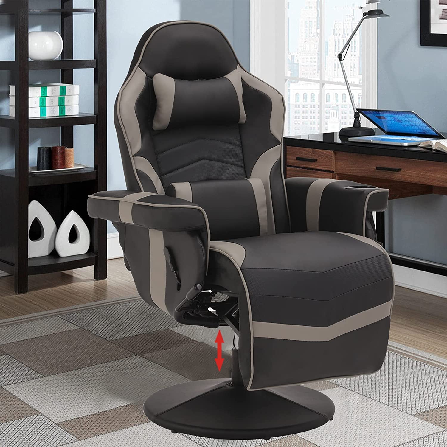 LVUYOYO Massage Video Gaming Recliner Chair Ergonomic Backrest & Seat Height Adjustment Swivel Recliner PU Leather High Back Computer Office Chair with Cupholder, Headrest, Lumbar Support, Footrest