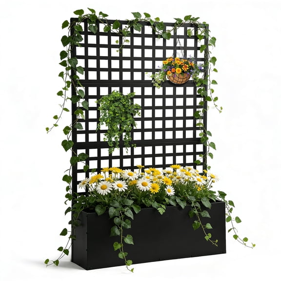 LVUYOYO Metal Privacy Planter Box with Trellis – Raised Garden Bed with Drainage for Climbing Plants, Patio & Garden, 70" x 46" x 12", Black