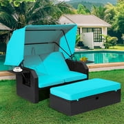 LVUYOYO Outdoor Patio Furniture Set - Patio Rattan Wicker Loveseat with Retractable Canopy, Side Table, and Cushions - Adjustable Wicker Sofa for Garden, Patio, Balcony, Beach, Deck