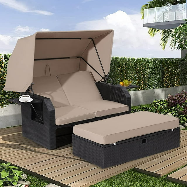 LVUYOYO Patio Wicker Furniture Set - Outdoor Rattan Sofa Set with Retractable Canopy, Side Table, Ottoman, Cushion - PE Rattan Loveseat for Backyard Porch Garden Poolside Balcony