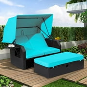 LVUYOYO Patio Wicker Furniture Set - Outdoor Rattan Sofa Set with Retractable Canopy, Side Table, Ottoman, Cushion - PE Rattan Loveseat for Backyard Porch Garden Poolside Balcony