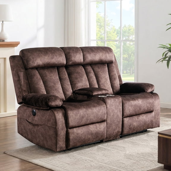 LVUYOYO Power Reclining Loveseat Sofa with Heat & Massage - Comfortable Dual Electric Recliners, Cup Holders, Durable Dutch Velvet for Home Theater (Brown)