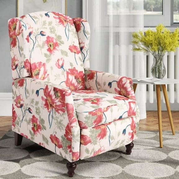 Upholstered Wingback Recliner Chair - Traditional Push Back Recliner - Fabric Floral Recliner Chair