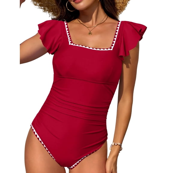 LVWQ Tummy Control One Piece Swimsuit for Women Square Neck Ruffle Sleeve Bathing Suit Open Back Swimwear