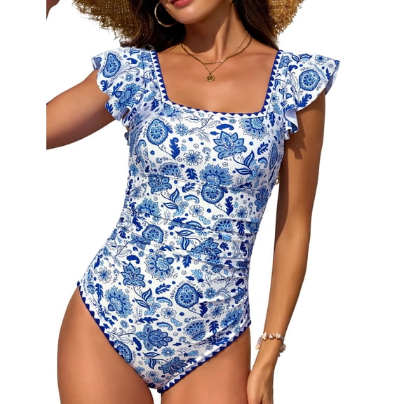 LVWQ Tummy Control One Piece Swimsuit for Women Square Neck Ruffle Sleeve Bathing Suit Open Back Swimwear