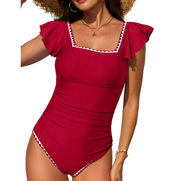 LVWQ Tummy Control One Piece Swimsuit for Women Square Neck Ruffle Sleeve Bathing Suit Open Back Swimwear