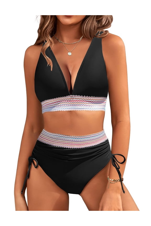 Women's Color Block Bikini Set V Neck Drawstring High Waisted 2 Piece Swimsuit Tummy Control Bathing Suit